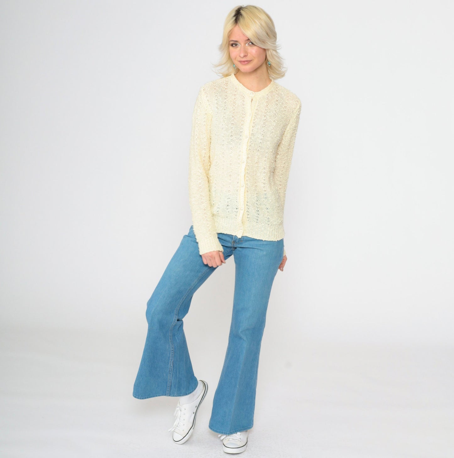 80s Le Roy Knitwear Pale Yellow Cardigan Pearl Buttons Pointelle Knit Small