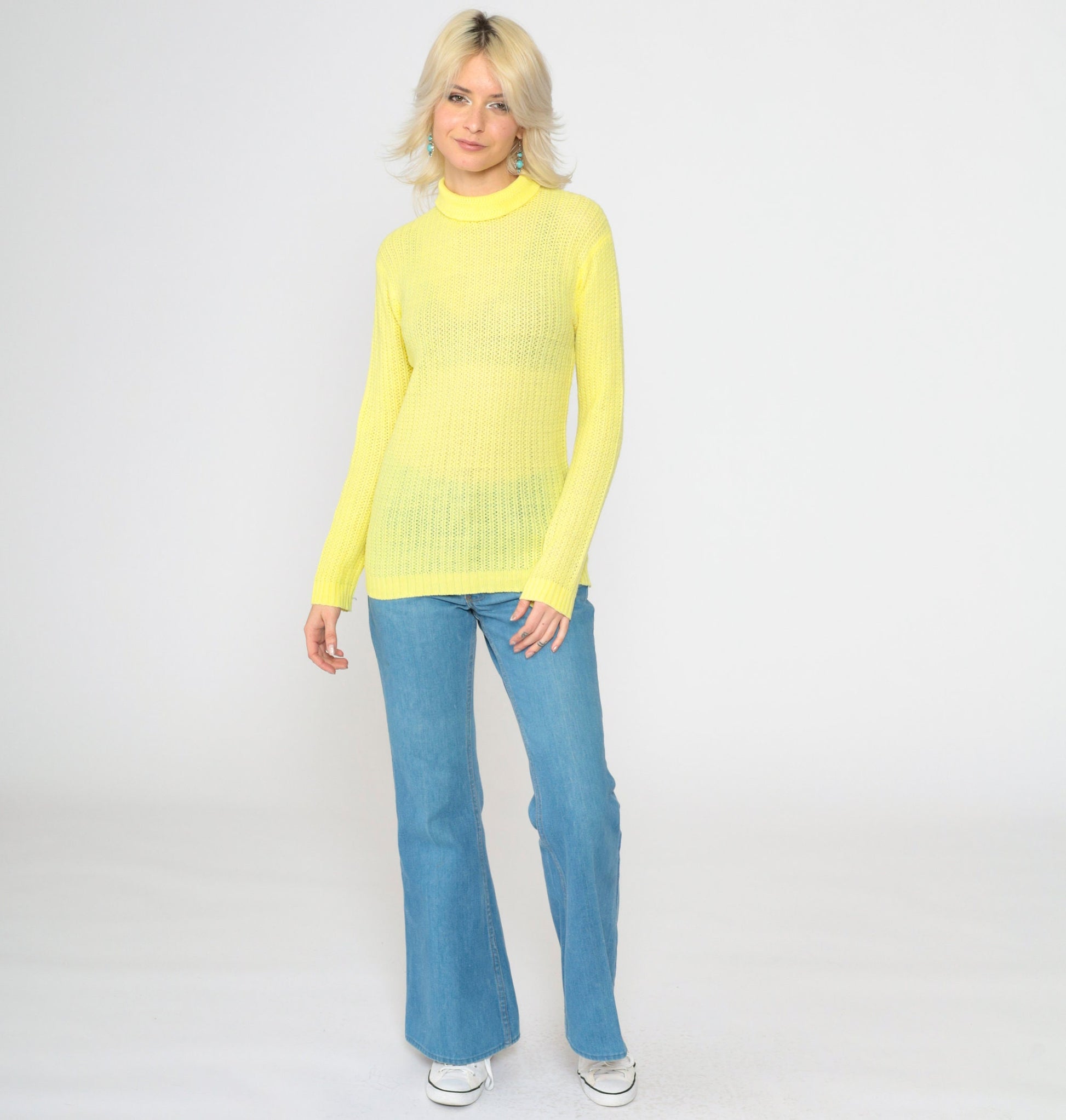 70s Yellow Sheer Turtleneck Sweater Cotton Knit Rear Zip Small