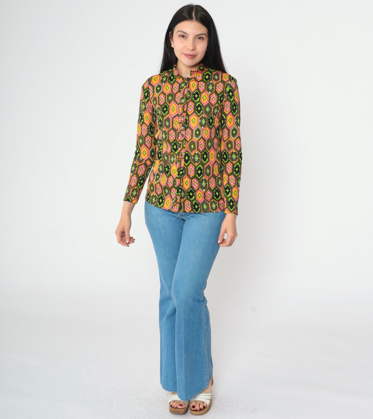 70s Psychedelic Floral Blouse Mandarin Collar Olive Green Pink Orange Small