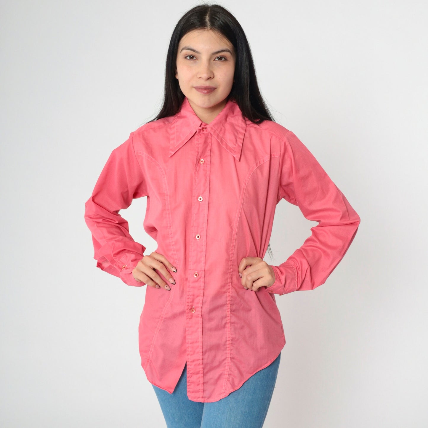 70s Cambridge Pink Dagger Collar Button-Up Shirt Long Sleeve Small
