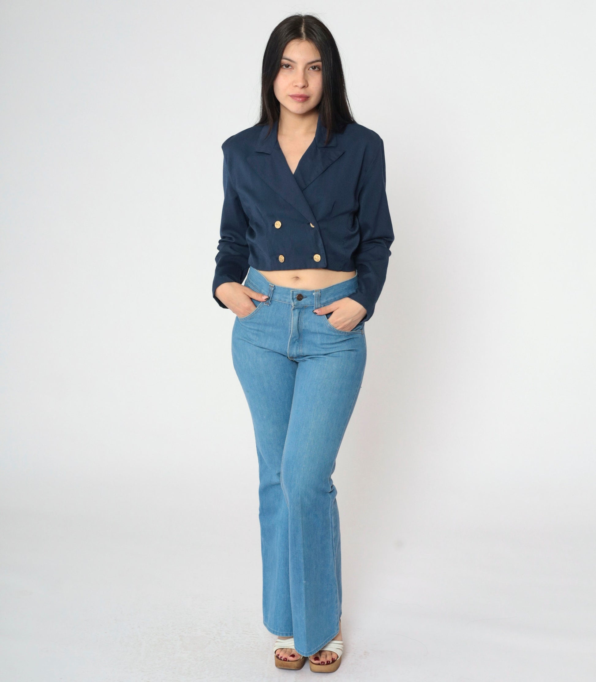 90s Navy Cropped Blazer Double-Breasted Gold Buttons Long Sleeve Small