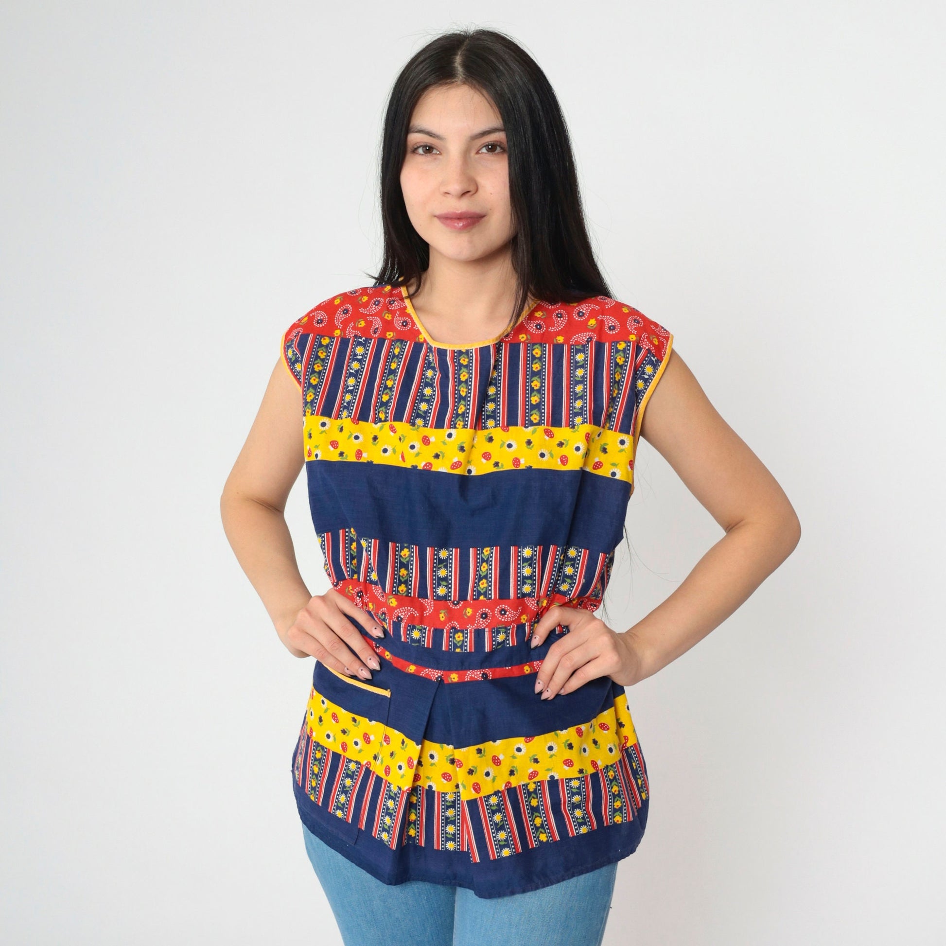 70s Patchwork Sleeveless Tunic Blouse Open Back Belted Yellow Navy Medium