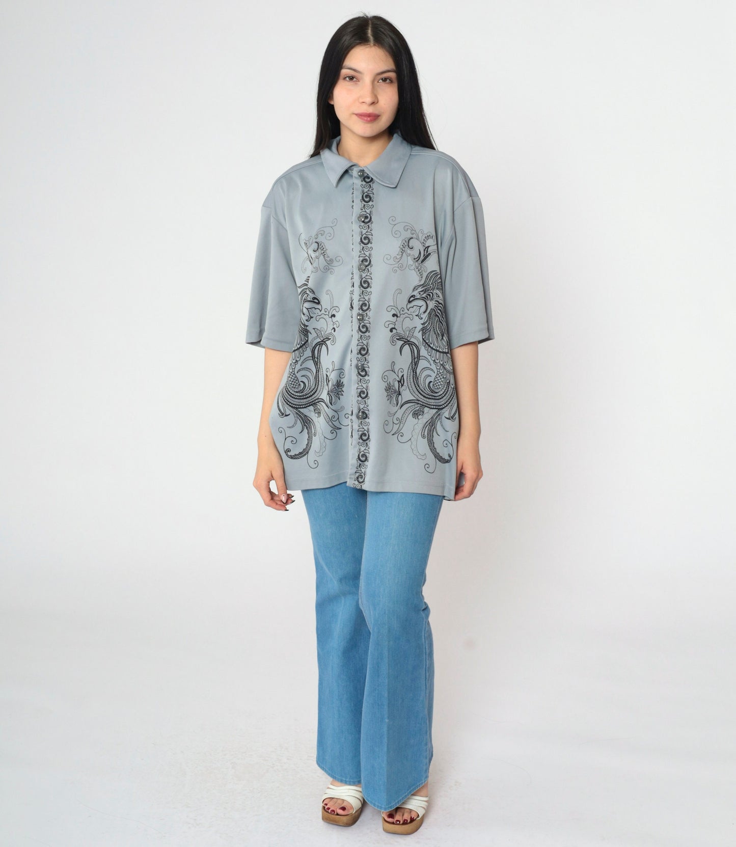 Y2K Dragon Print Button-Up Shirt Grey Short Sleeve Extra Large XXL