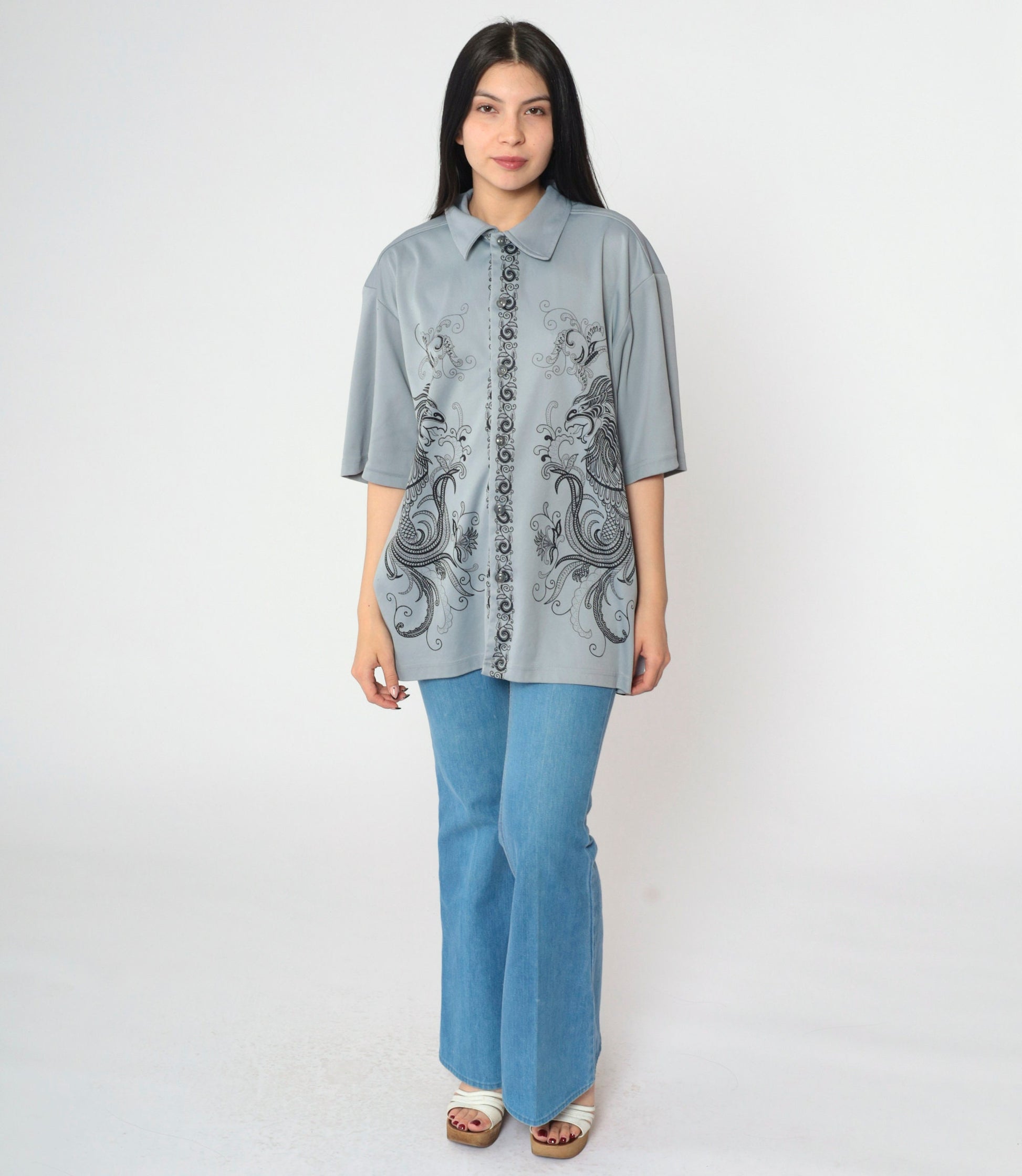 Y2K Dragon Print Button-Up Shirt Grey Short Sleeve Extra Large XXL