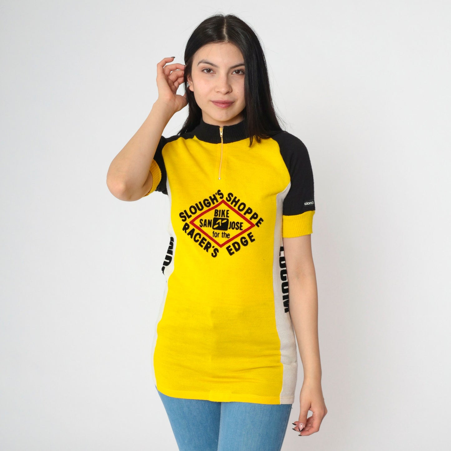 80s Giordana Sport Cycling Jersey Yellow Black Wool Blend Half-Zip Small