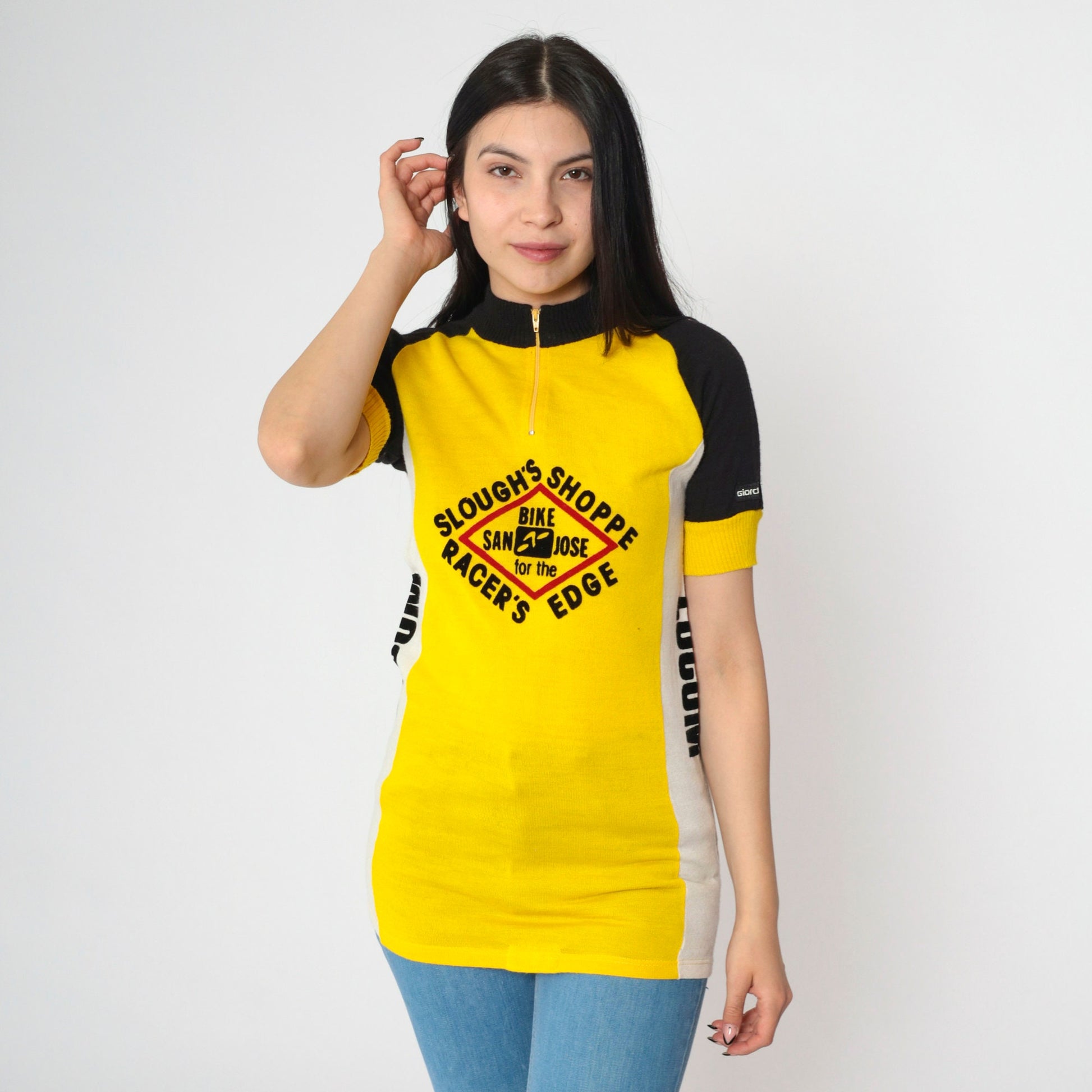 80s Giordana Sport Cycling Jersey Yellow Black Wool Blend Half-Zip Small