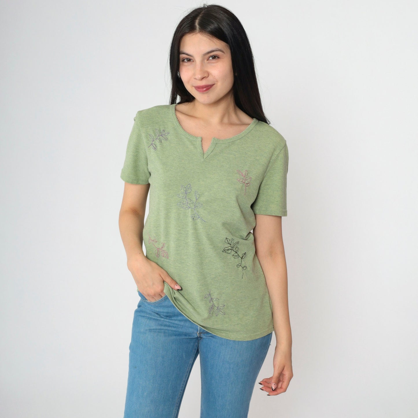 Y2K Leaf Embroidered T-Shirt Green Split Neck Short Sleeve Small S