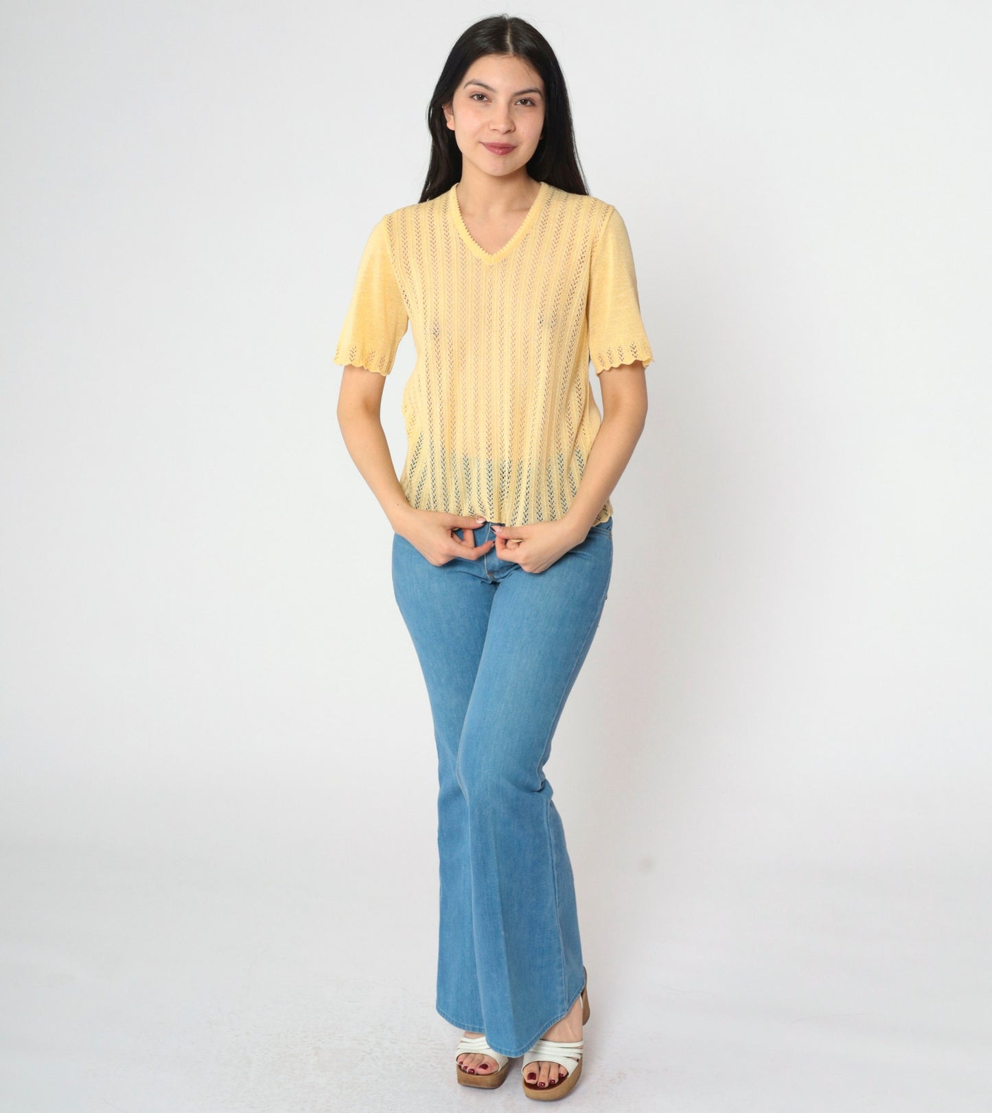 80s Yellow Open Weave Knit Sweater Top V-Neck Short Sleeve Small