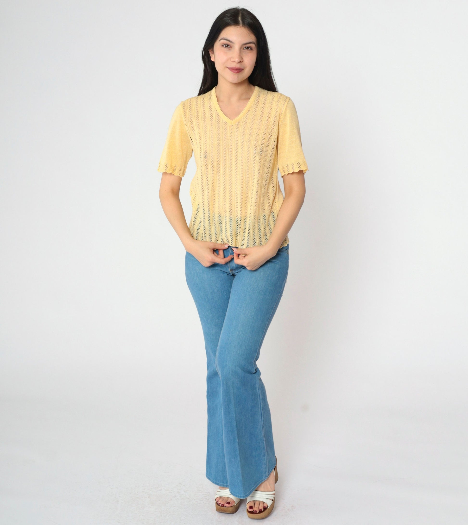 80s Yellow Open Weave Knit Sweater Top V-Neck Short Sleeve Small