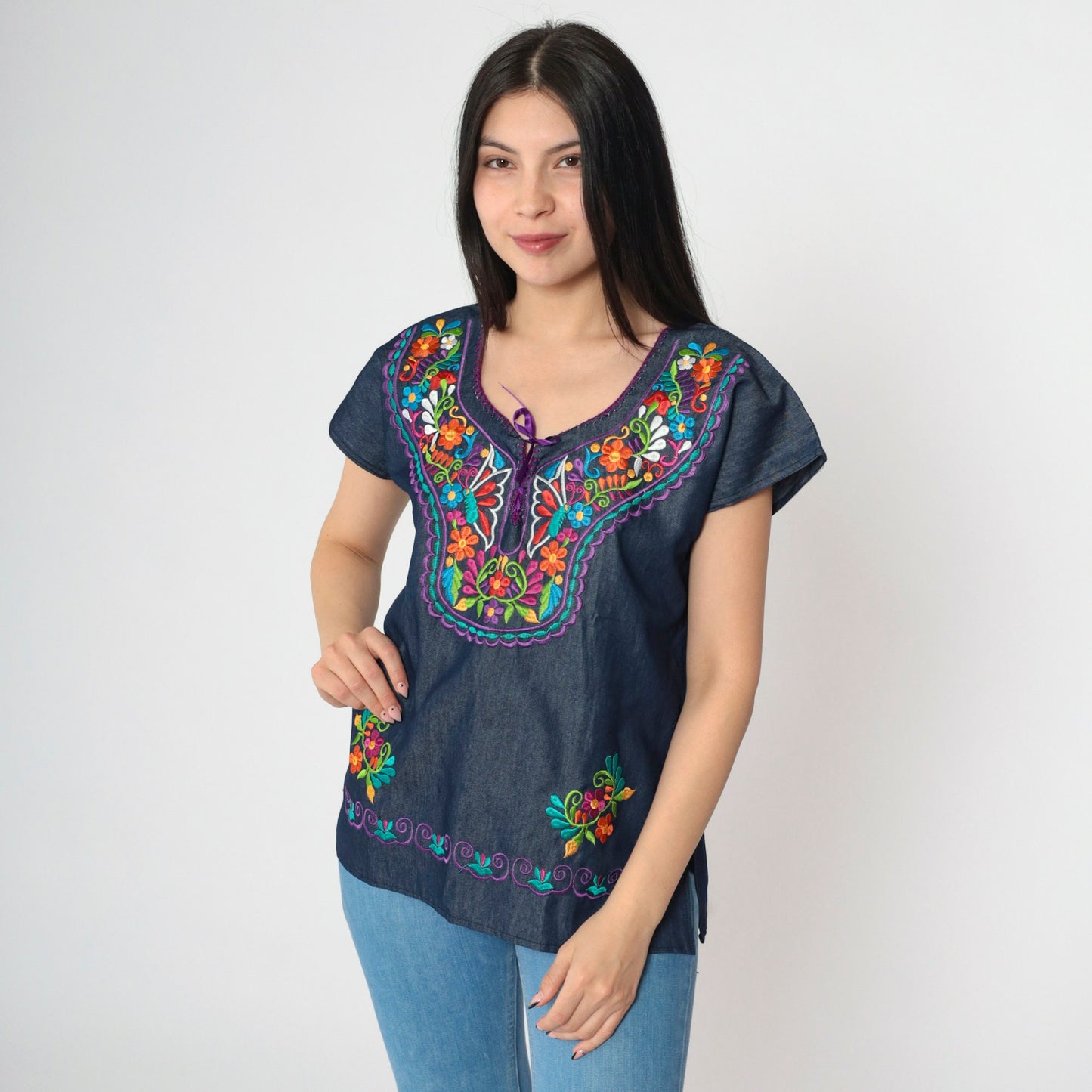 Y2K Chambray Embroidered Butterfly Floral Lace-Up Top Dark Blue Small