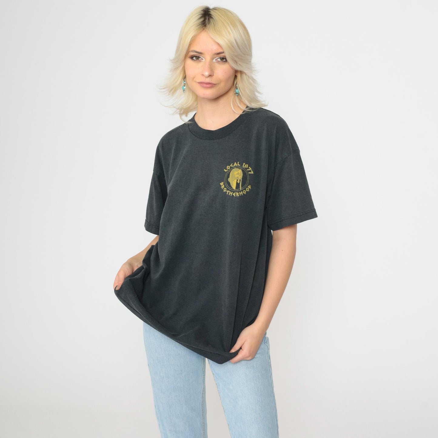 90s Carpenter T-Shirt Spartan Helmet Labor Omnia Vincit Gold Charcoal Large L