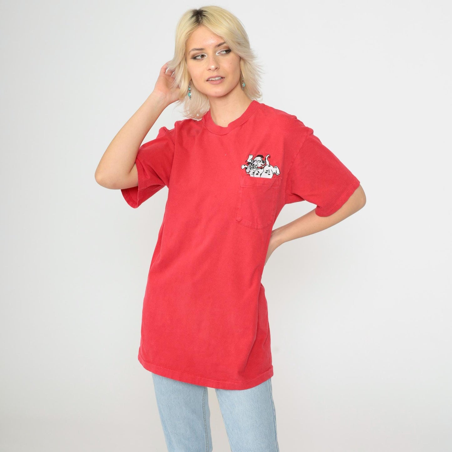 90s Disney Store 101 Dalmatians Red Graphic T-Shirt Pocket Tee Medium