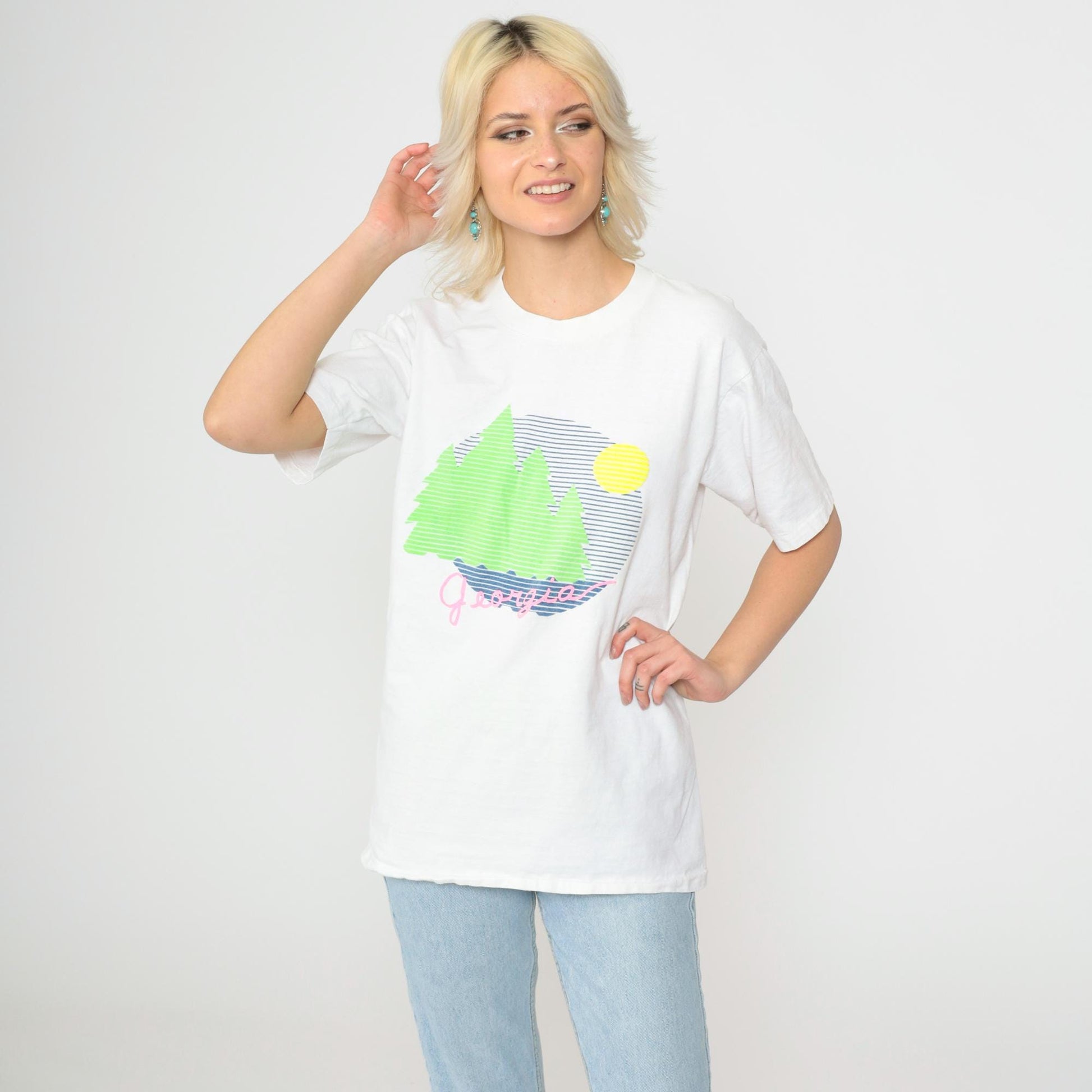 90s Georgia Forest Lake Nature Graphic T-Shirt White Cotton Medium
