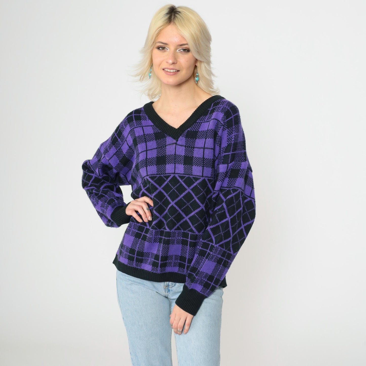 90s Purple Black Checkered Sweater V Neck Knit Pullover Plus Size XXL