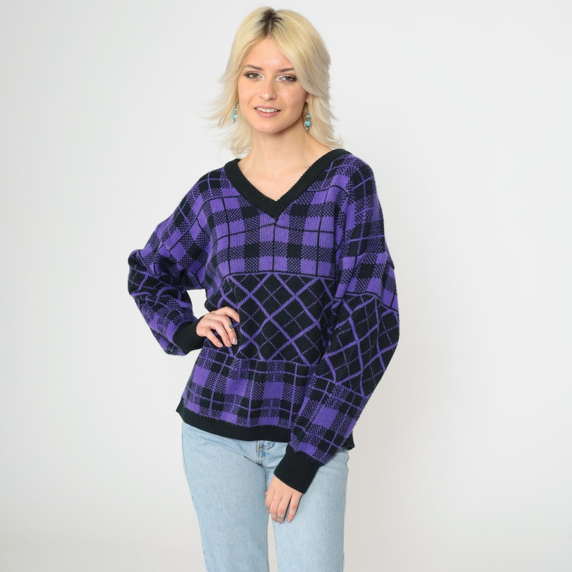 90s Purple Black Checkered Sweater V Neck Knit Pullover Plus Size XXL