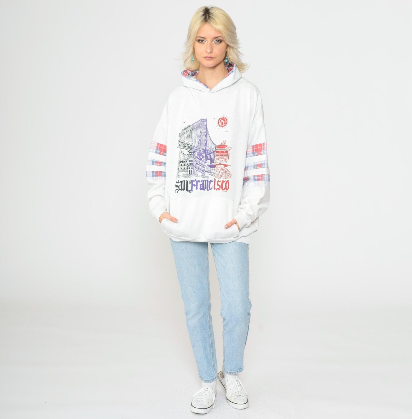 90s San Francisco Chinatown Golden Gate Bridge Hoodie Heather White Extra Large