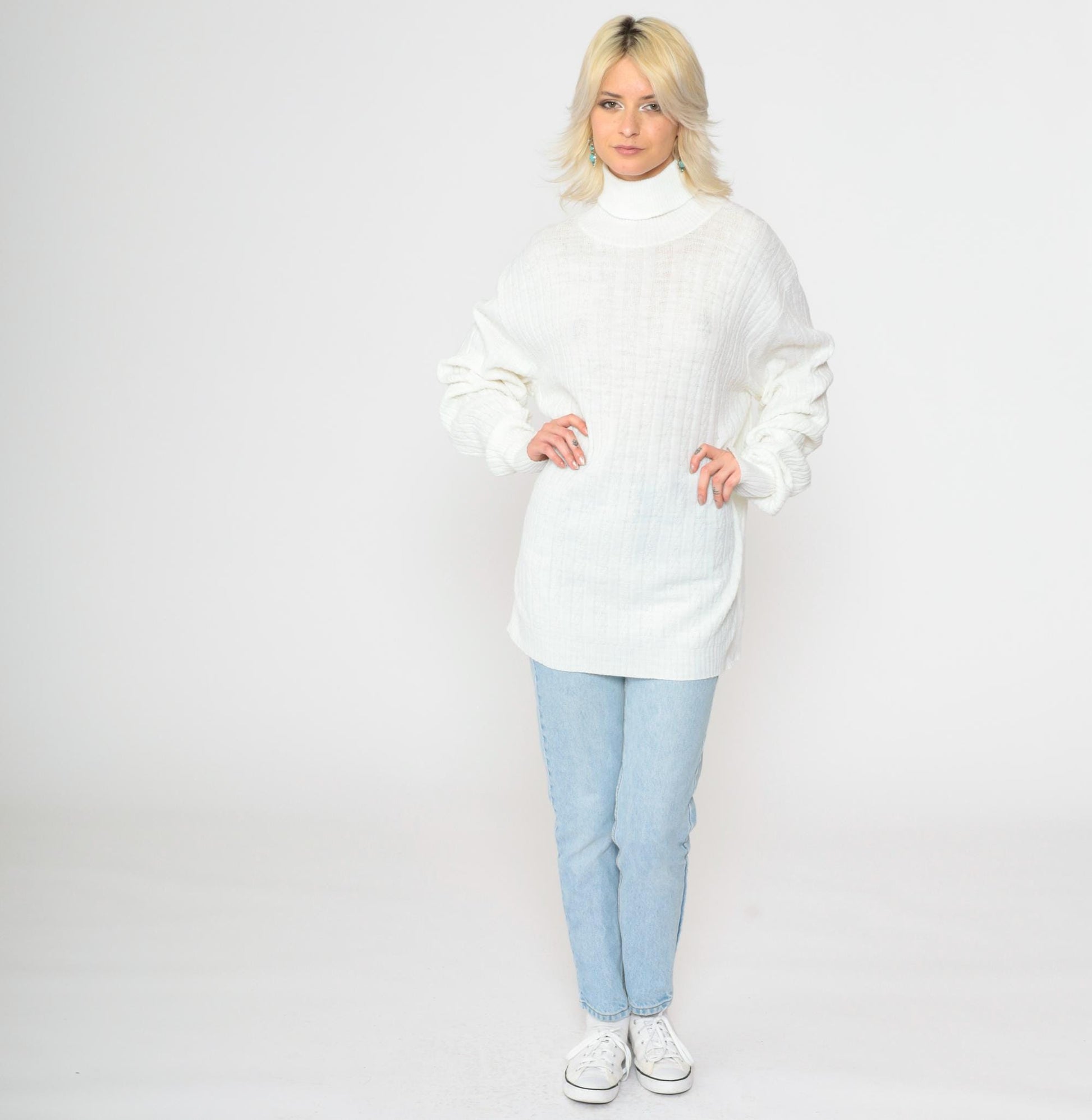 80s White Cable Knit Turtleneck Sweater Pullover Extra Large Long