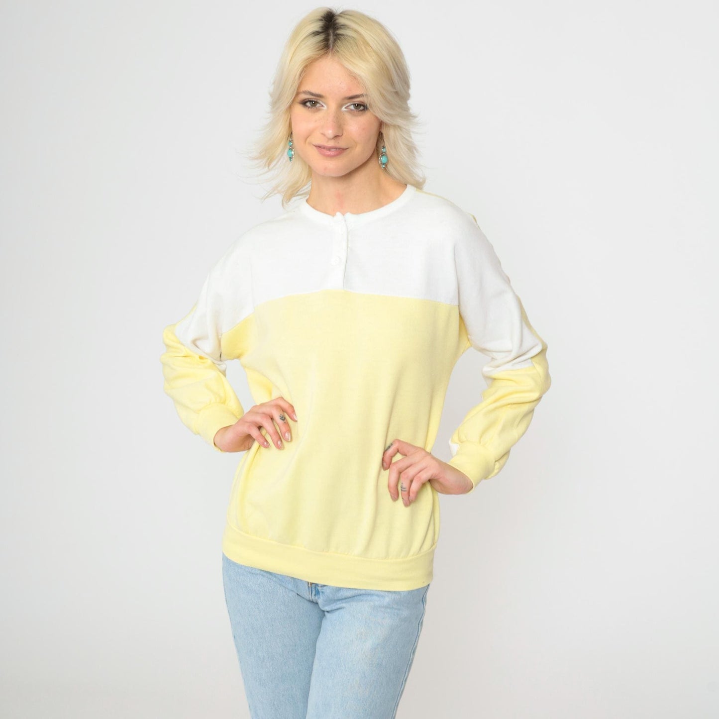 80s Yellow & White Henley Sweatshirt Color Block Slouchy Large