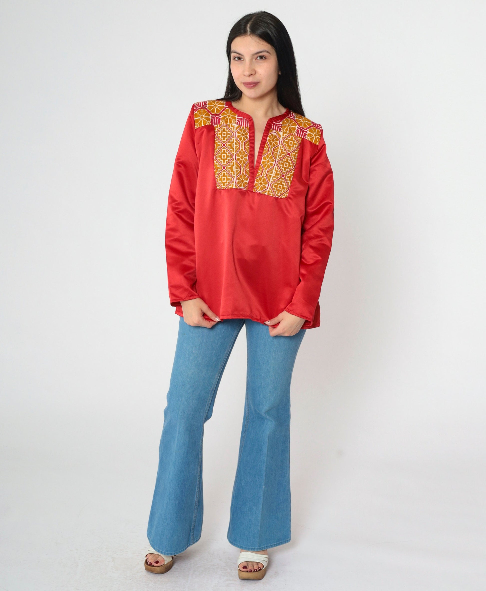 70s Red Satin Tunic Top Floral Embroidered Yoke Long Sleeve Small