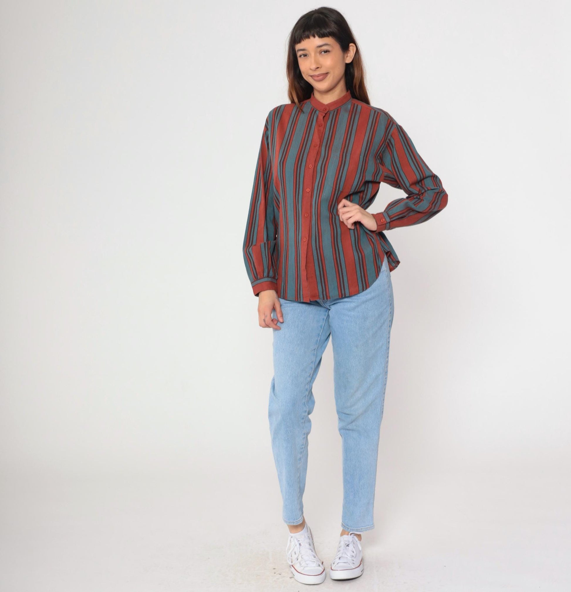 80s Lady Manhattan Striped Button-Up Blouse Rust Red Turquoise Mandarin Collar Large
