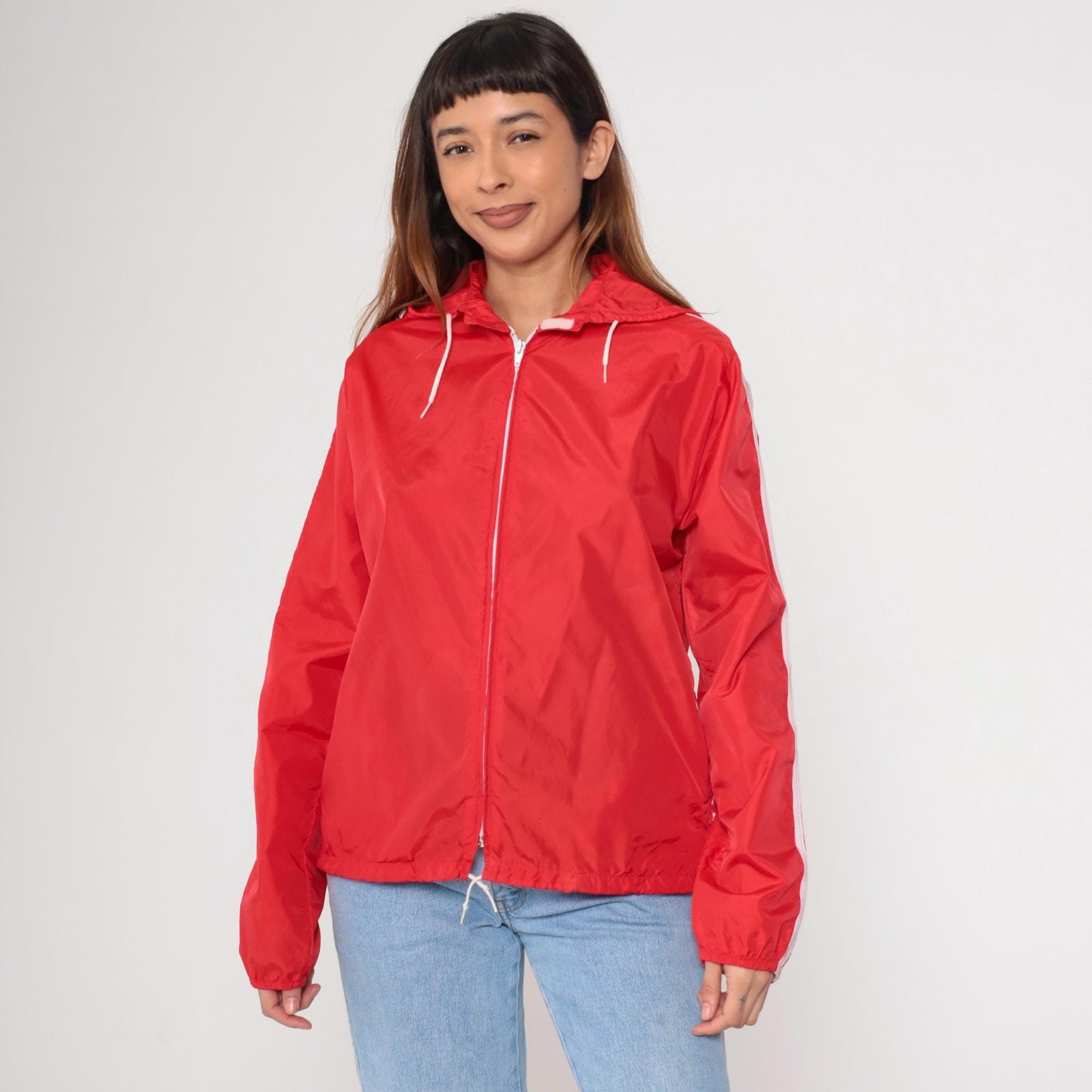 90s SUB4 Red Nylon Windbreaker Hooded Jacket Striped Sleeves Medium