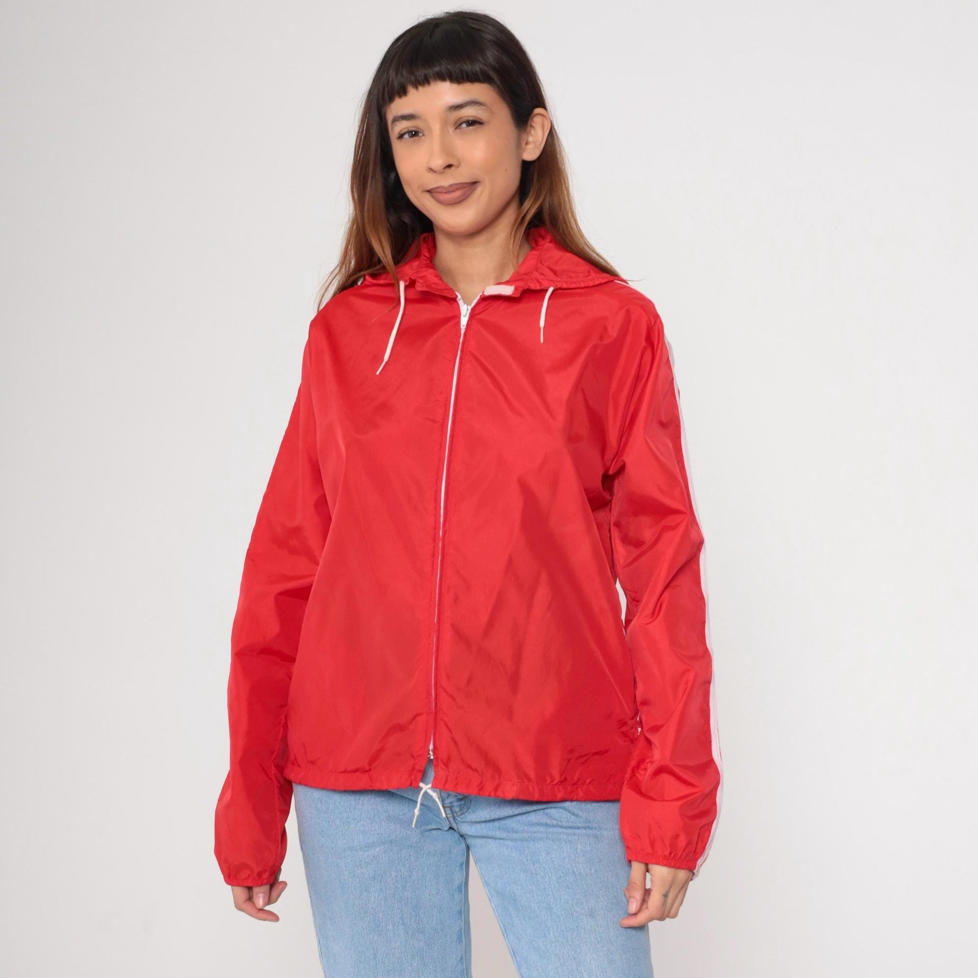 90s SUB4 Red Nylon Windbreaker Hooded Jacket Striped Sleeves Medium