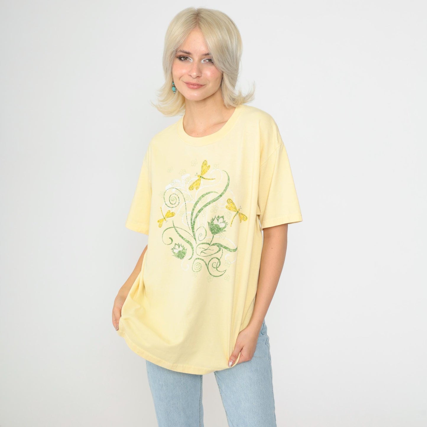 Y2K Dragonfly Floral Graphic Tee Yellow Short Sleeve Crewneck Medium