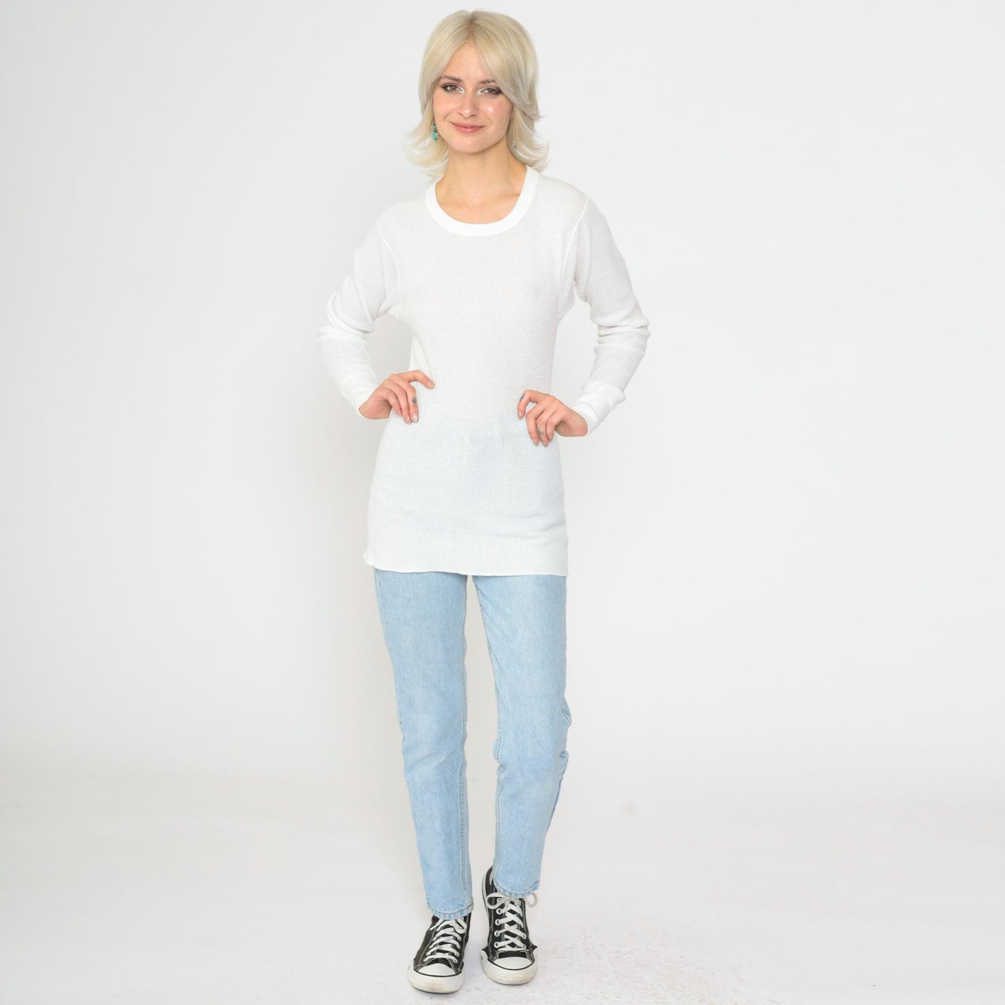 80s White Thermal Waffle Knit Long Sleeve Undershirt Small