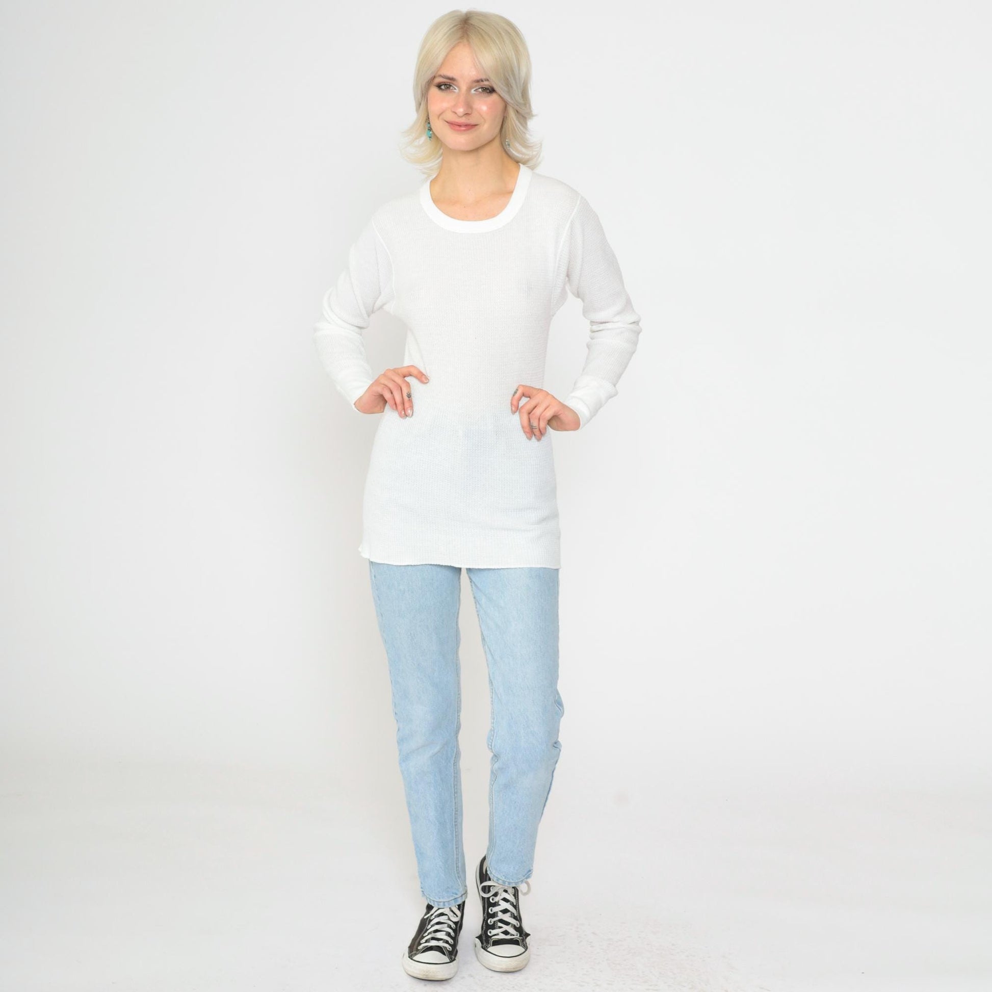 80s White Thermal Waffle Knit Long Sleeve Undershirt Small