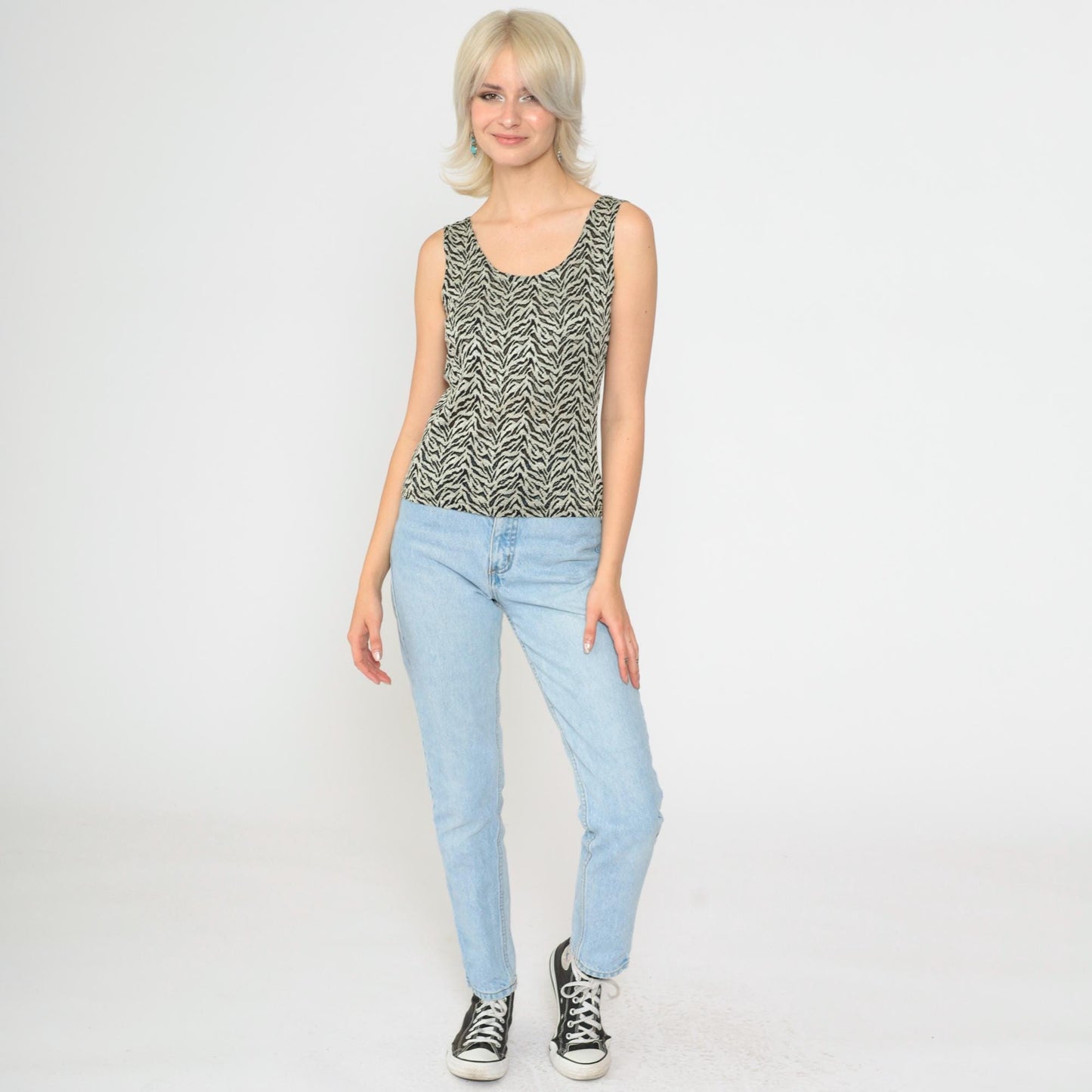 90s Zebra Stripe Tank Top Grey Sheer Mesh Scoop Neck Small Medium