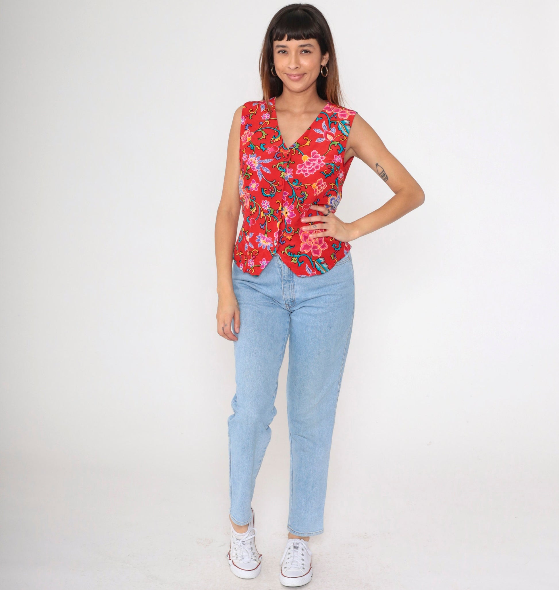 90s Casual Corner Silk Vest Red Floral Print Button Up V Neck Small