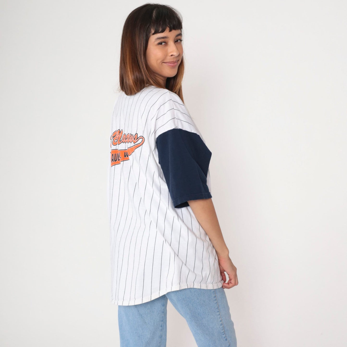 90s BB Magraws Auburn WA Baseball Shirt Navy Pinstripe Cotton Jersey Extra Large