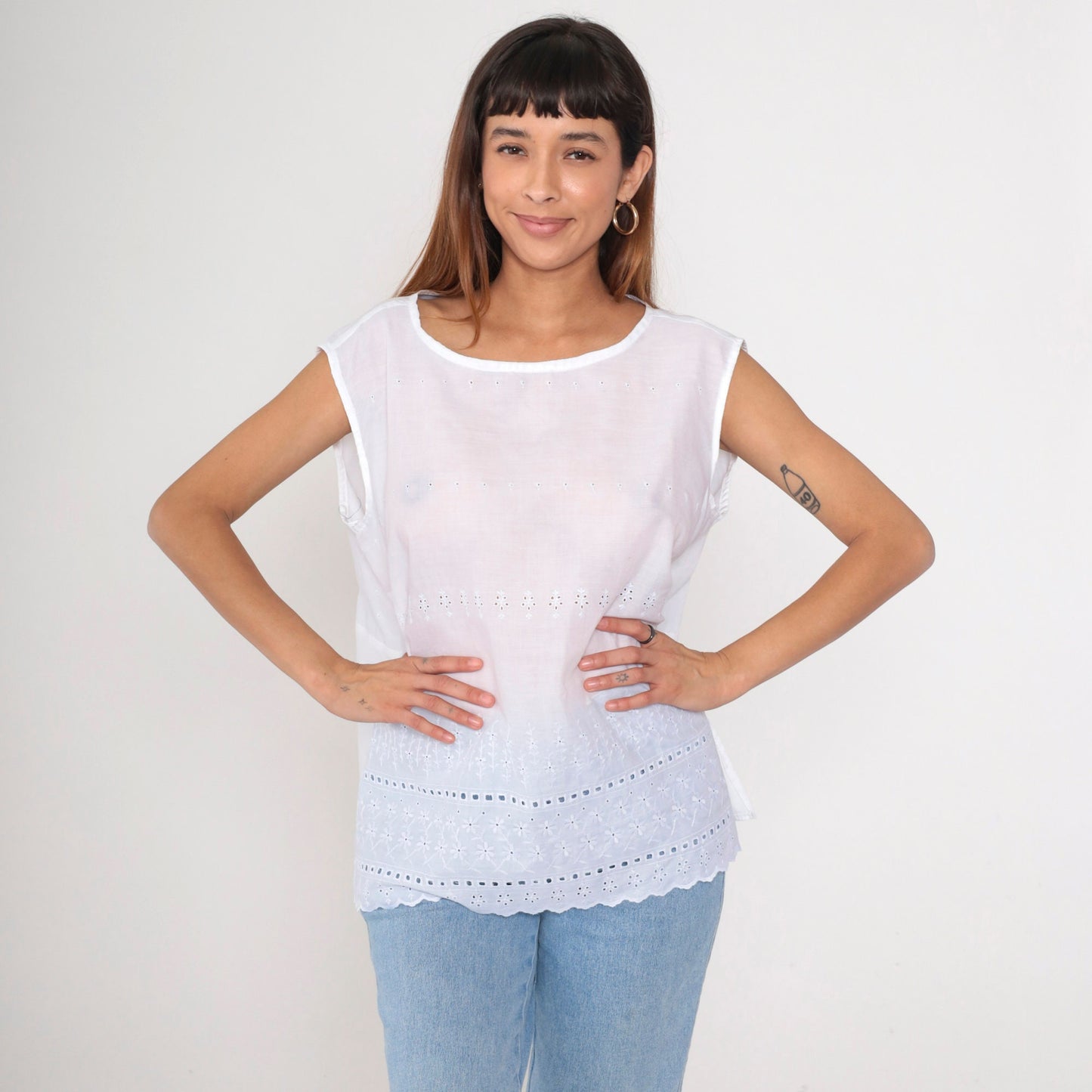 80s White Eyelet Lace Tank Top Floral Embroidered Sleeveless Tunic Large