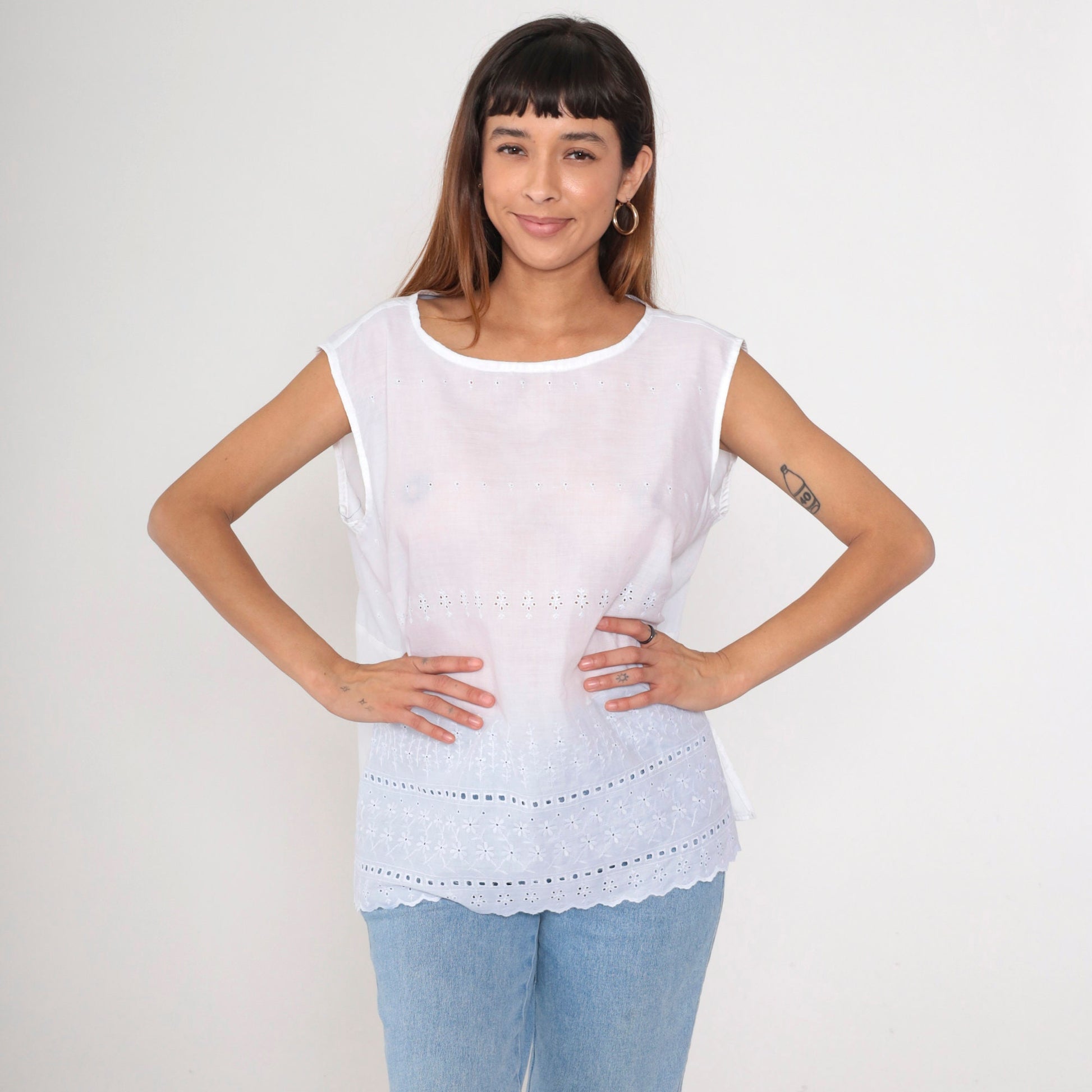80s White Eyelet Lace Tank Top Floral Embroidered Sleeveless Tunic Large