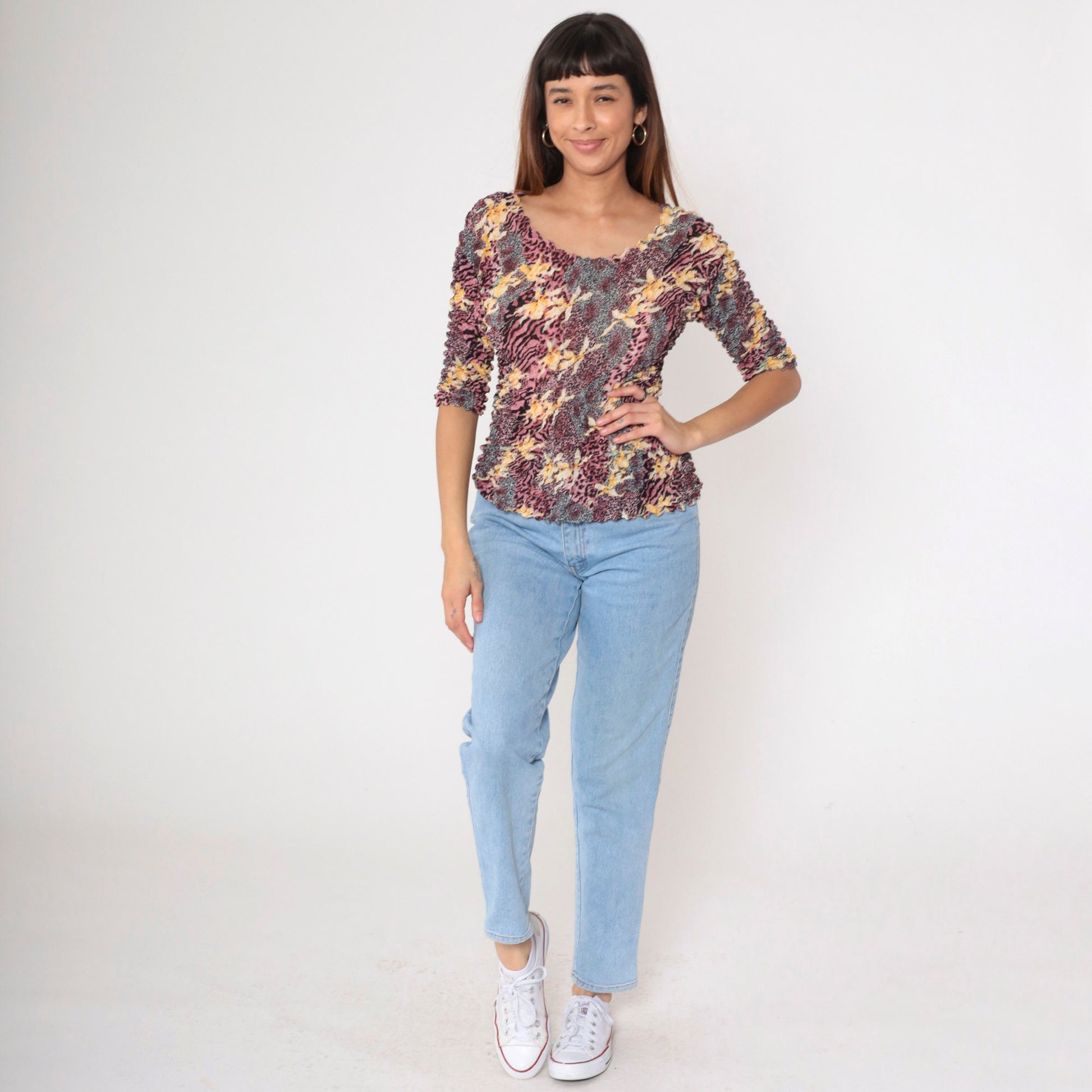 Y2K Popcorn Shirt Floral Animal Print Gold Metallic Textured Blouse Pink Black XS-M