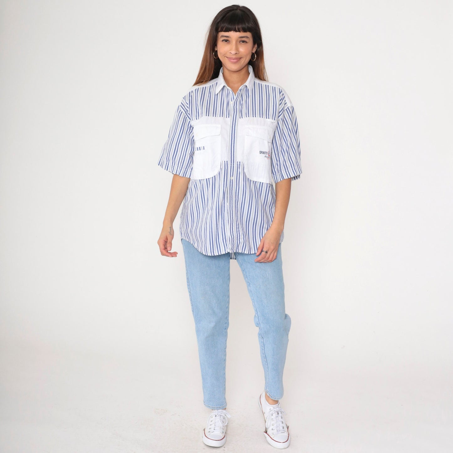 90s Anchor Blue Striped Cargo Shirt White Blue Cotton Button Up Medium