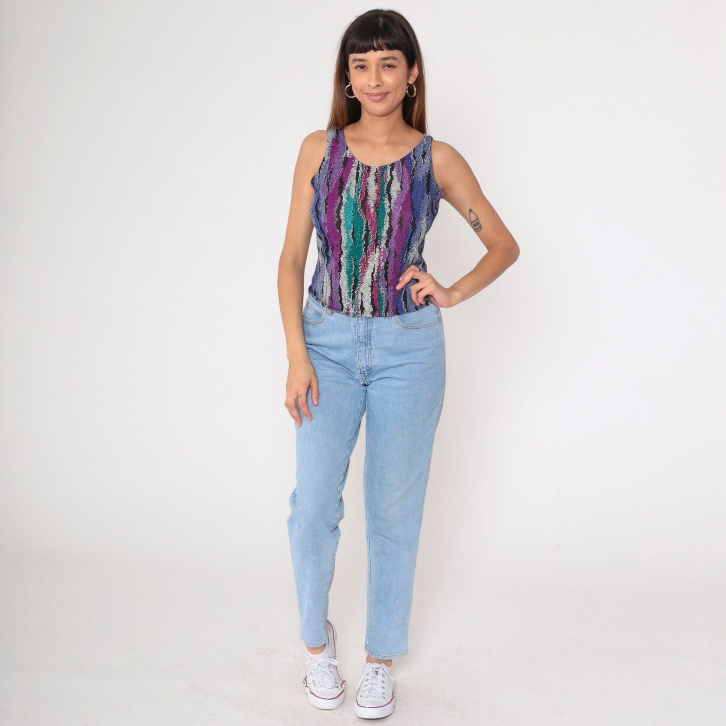 90s Abstract Print Tank Top Purple Turquoise Green Scoop Neck Small