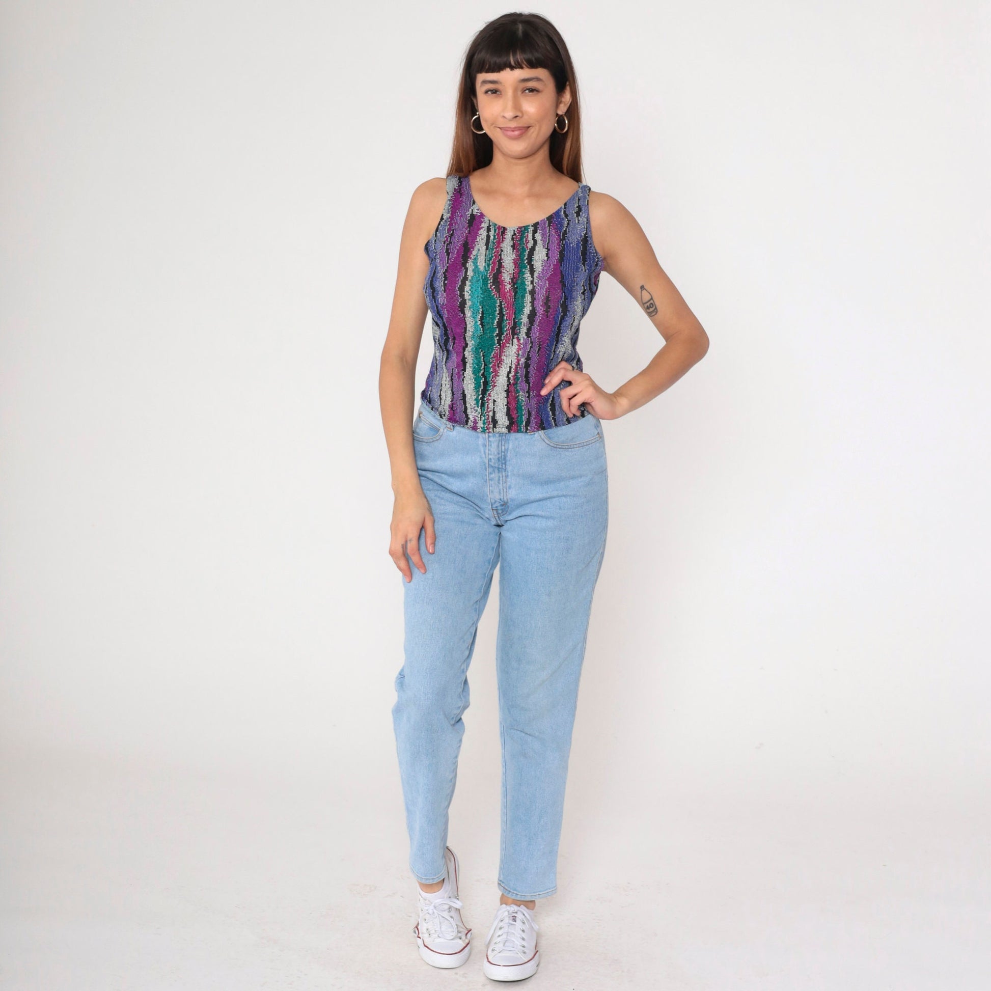 90s Abstract Print Tank Top Purple Turquoise Green Scoop Neck Small