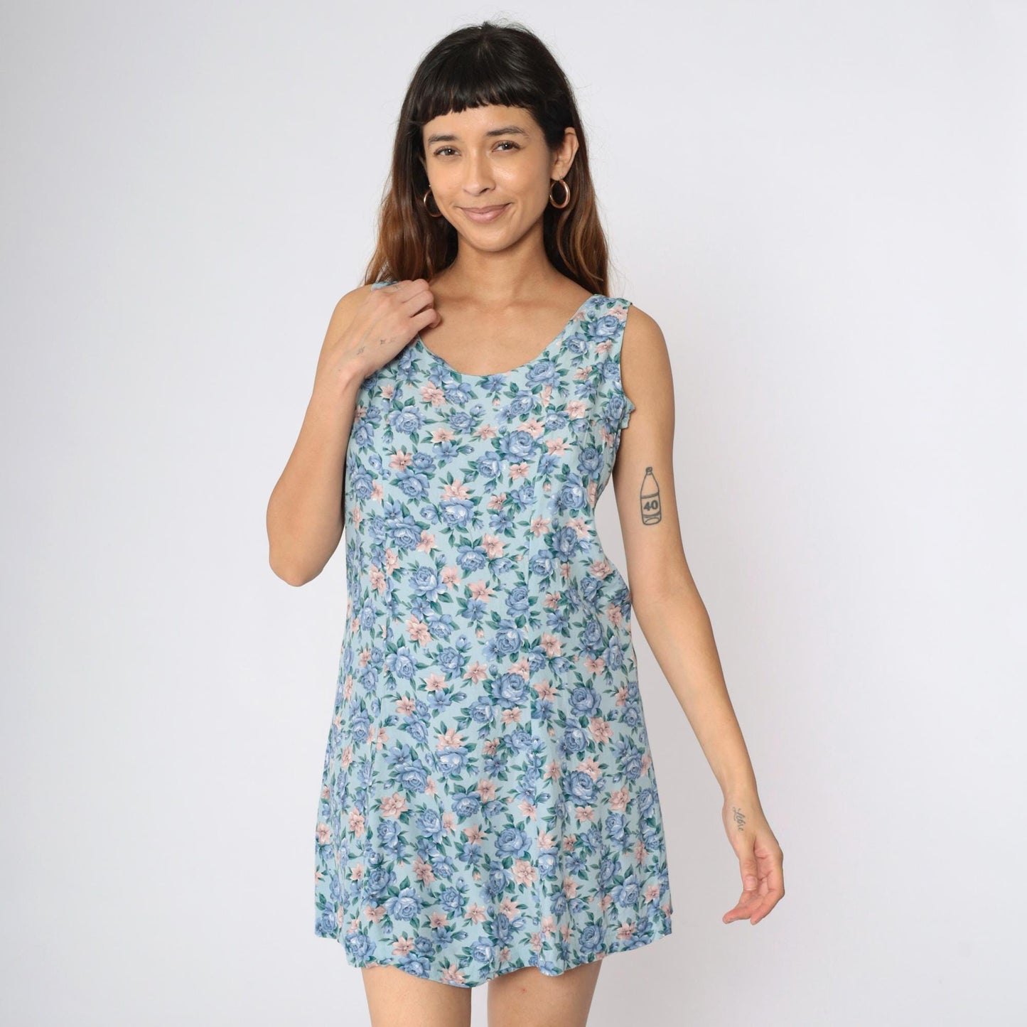 90s Pink Floral Blue Rayon Mini Dress Sleeveless A-Line Medium