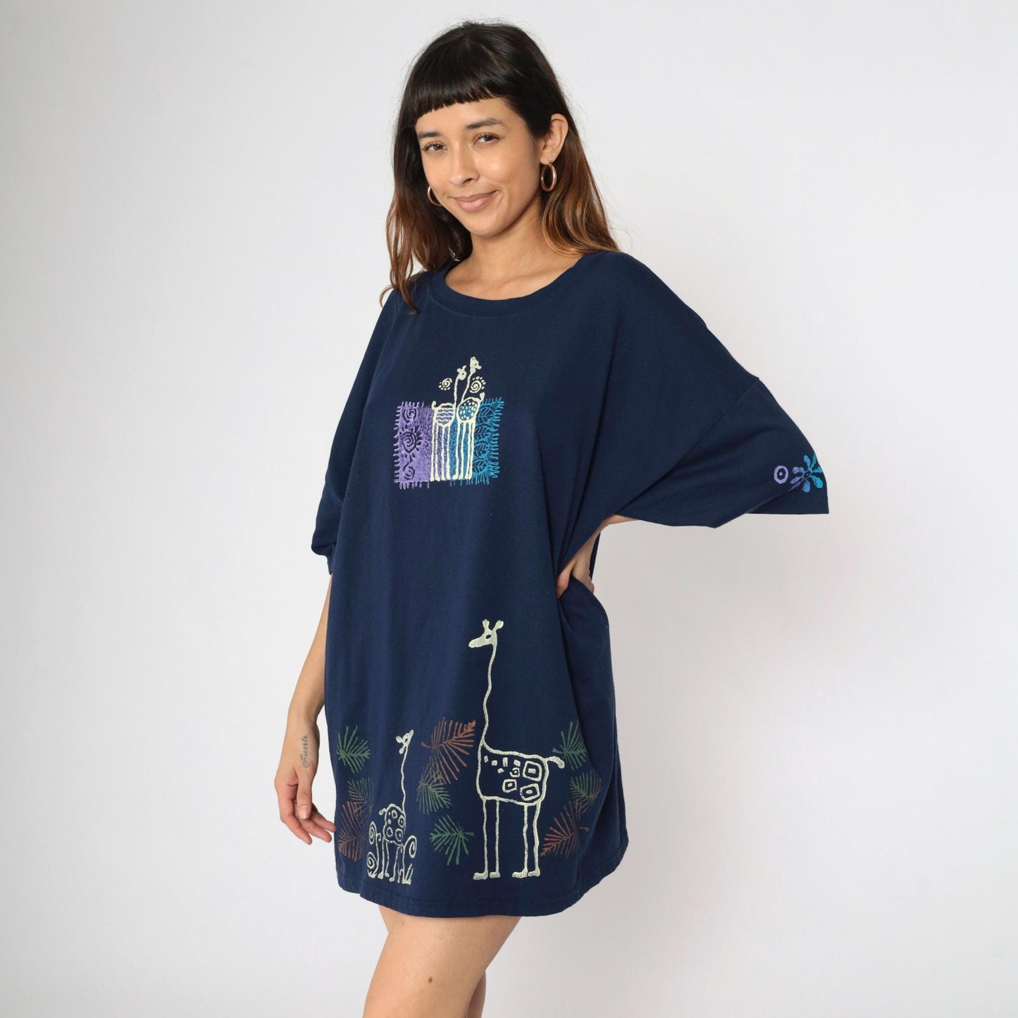 90s Giraffe Print T-Shirt Dress Navy Blue Graphic Mini Plus Size XXL