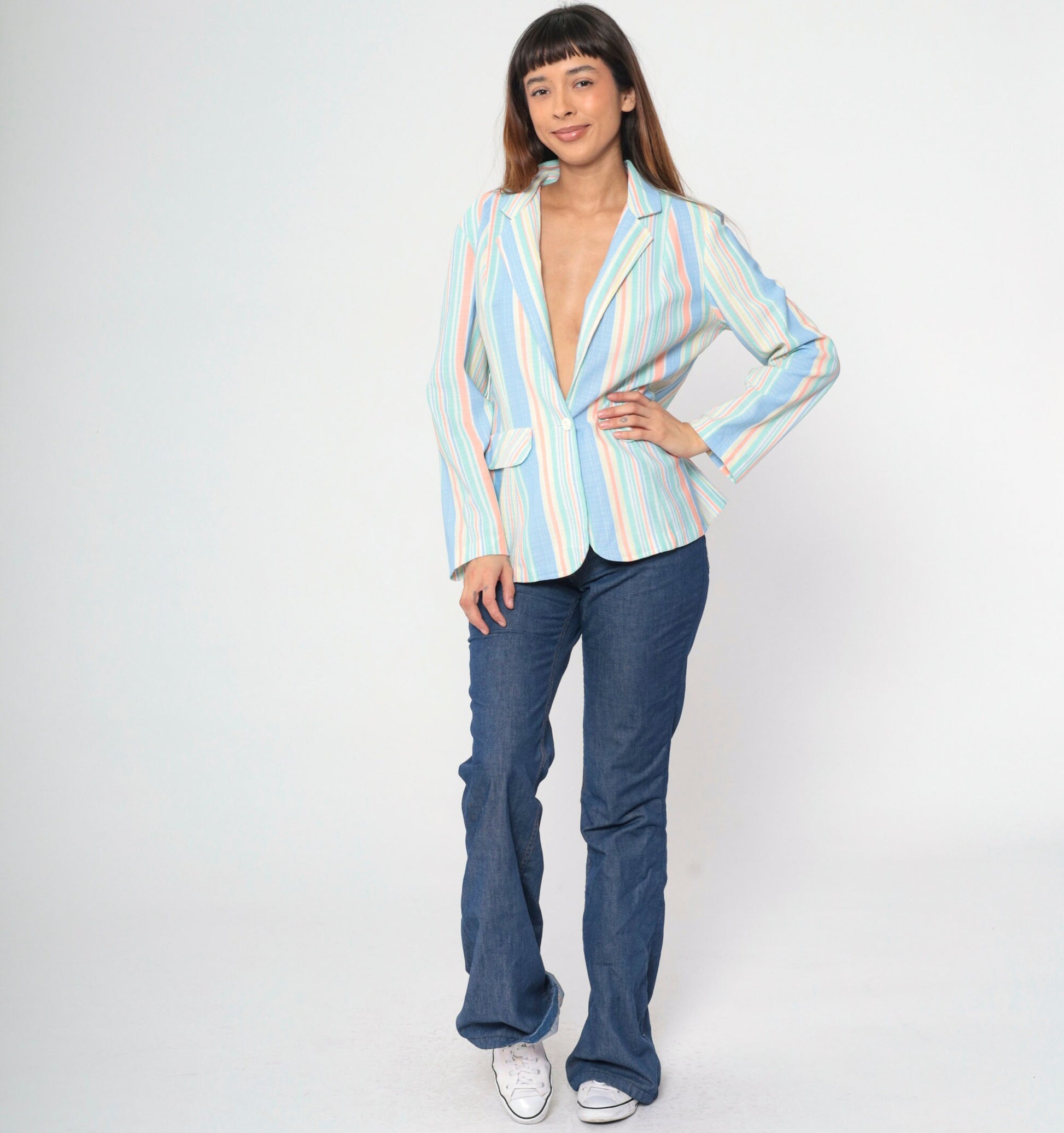 70s Beeline Fashions Pastel Striped Blazer Notched Collar Medium