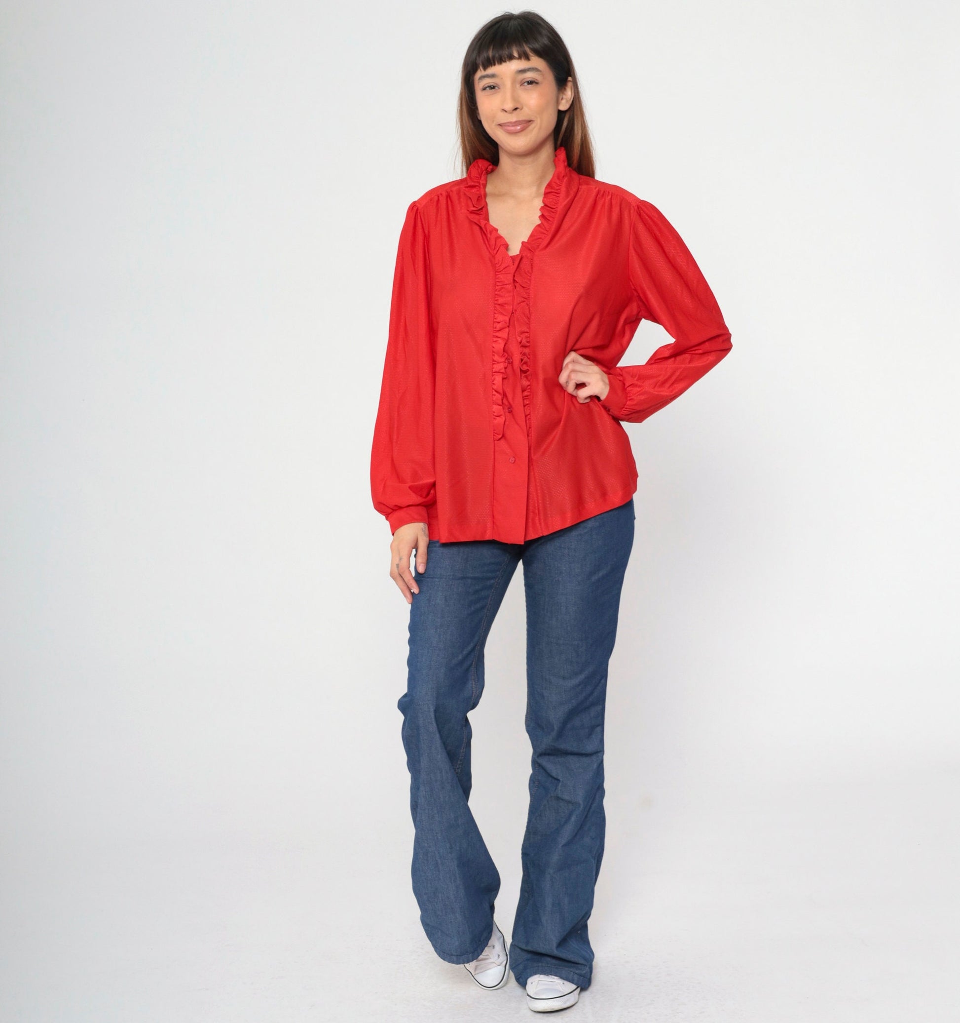 70s Red Puff Sleeve Button-Up Blouse Embossed Dots Ruffled Trim Large