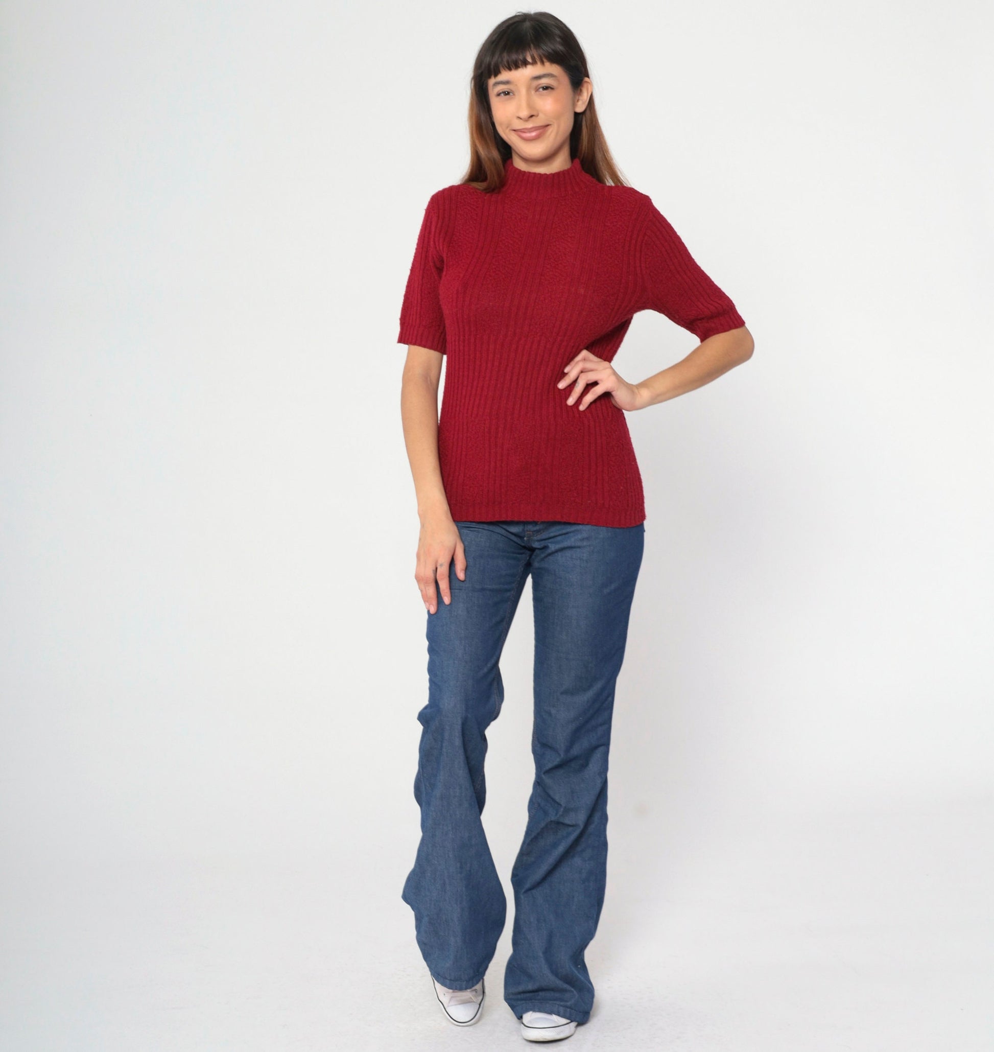 70s Burgundy Ribbed Knit Mock Neck Sweater Short Sleeve Small