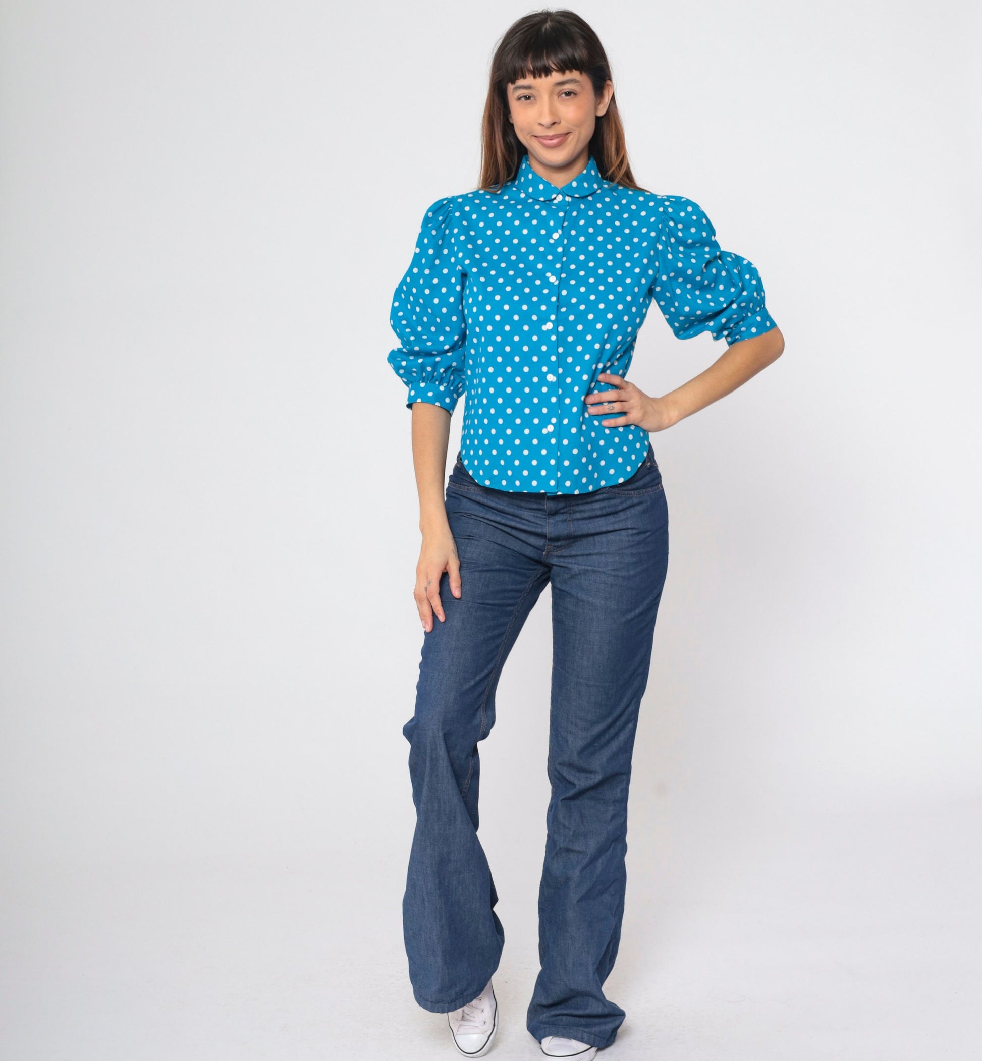 80s Bright Blue Polka Dot Puff Sleeve Button Up Blouse Small S