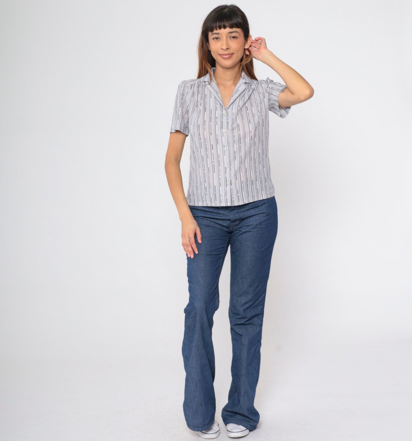70s Puff Sleeve Button-Up Blouse Grey Broken Stripe Shirt Small S