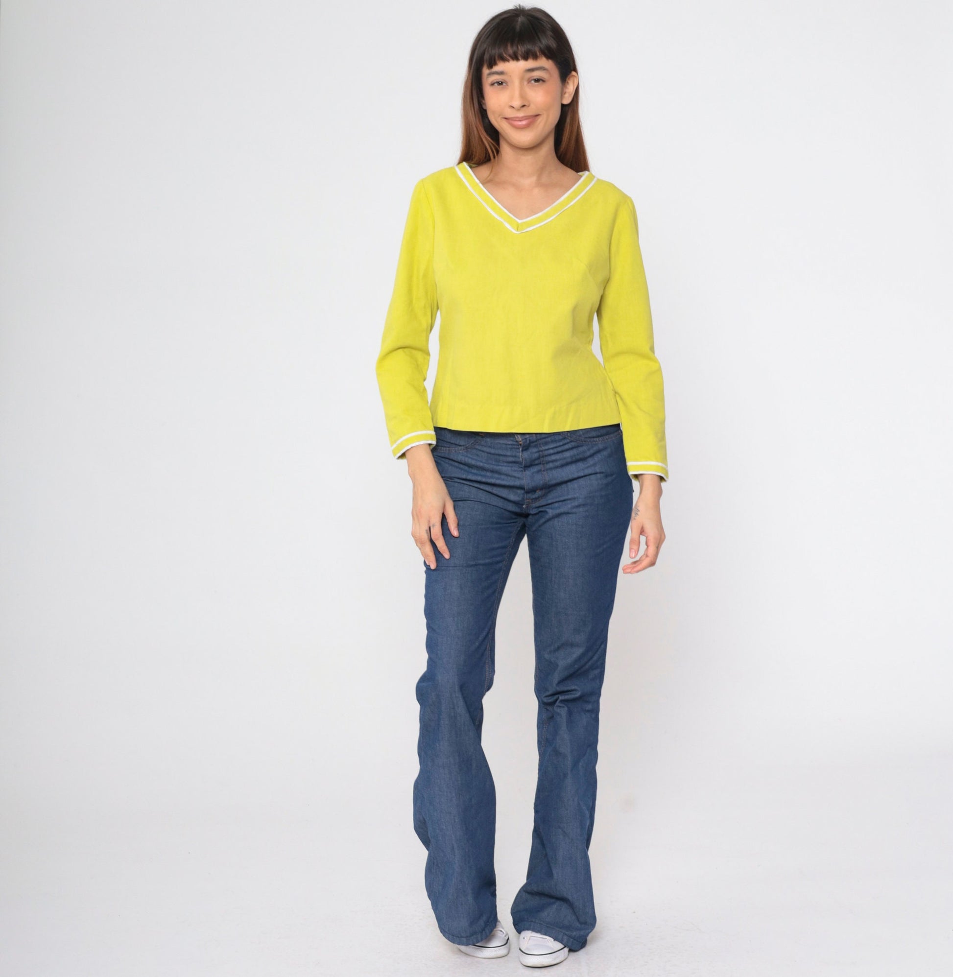 60s Young Edwardian Chartreuse Blouse Long Sleeve V-Neck Zipper Back Medium