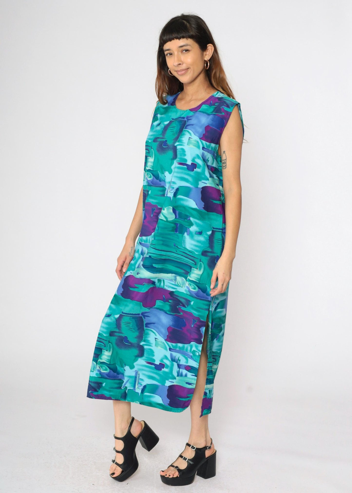 90s Abstract Watercolour Sundress Turquoise Purple Maxi Side Slit Large