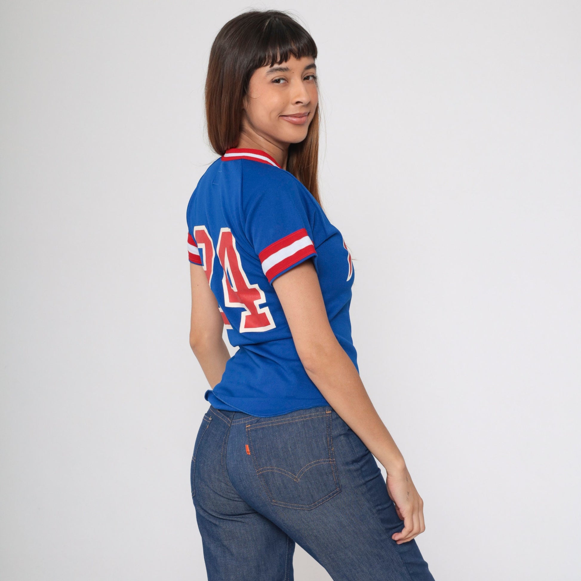 80s Wilson Arrows Baseball Jersey #24 Blue Red White Striped Ringer Youth Medium