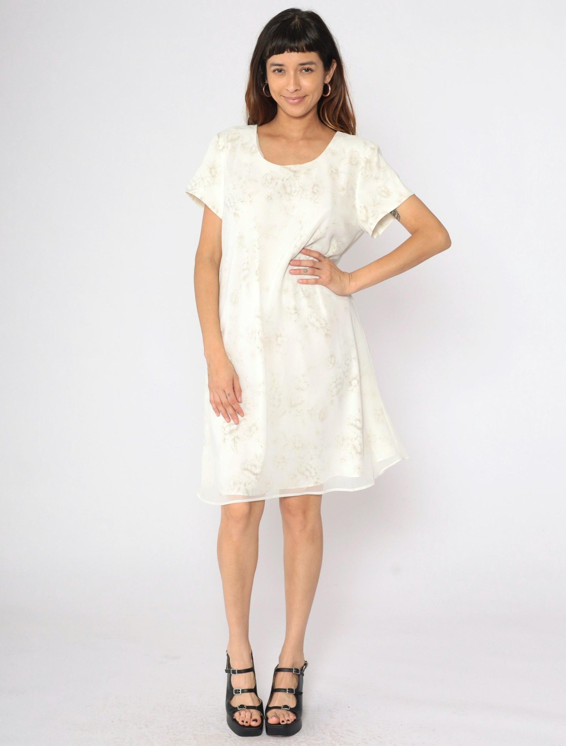 90s Jessica Howard Floral Mini Dress Cream Chiffon Shift Short Sleeve Large