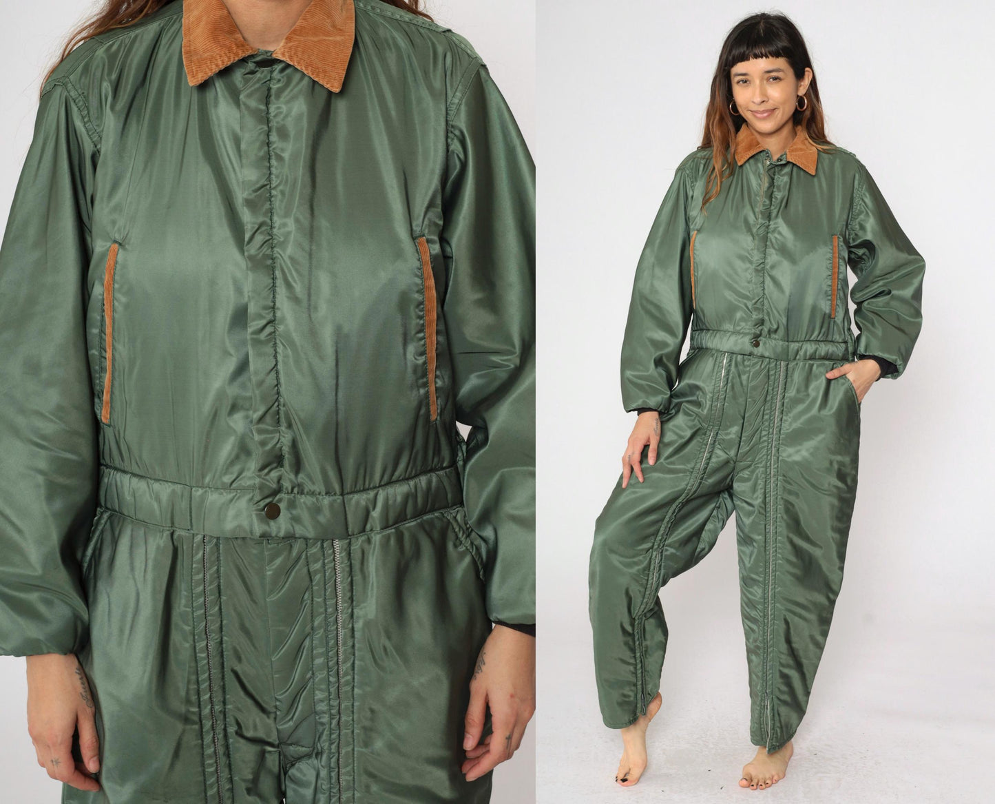 80s Green Nylon Ski Suit Brown Corduroy Collar Quilted Snowsuit Medium